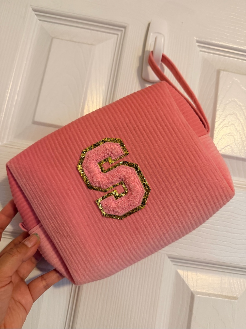 Pink Corduroy Wristlet Bag with Gold Trim 'S' Patch